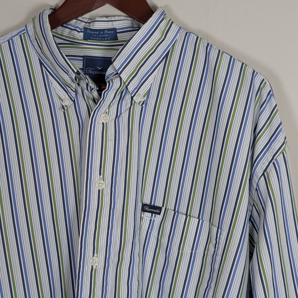 Faconnable Mens XL Button Down Shirt Blue Green Striped Cotton Made in USA